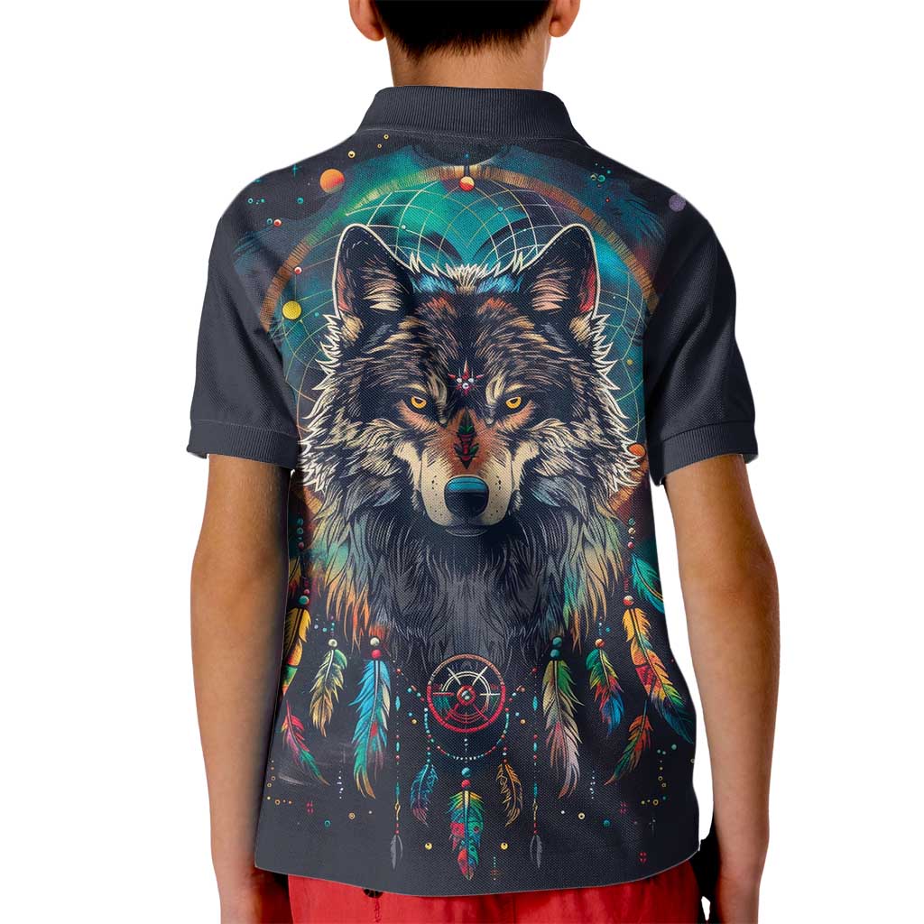 Native American Wolves Kid Polo Shirt with Dream Catchers Feathers