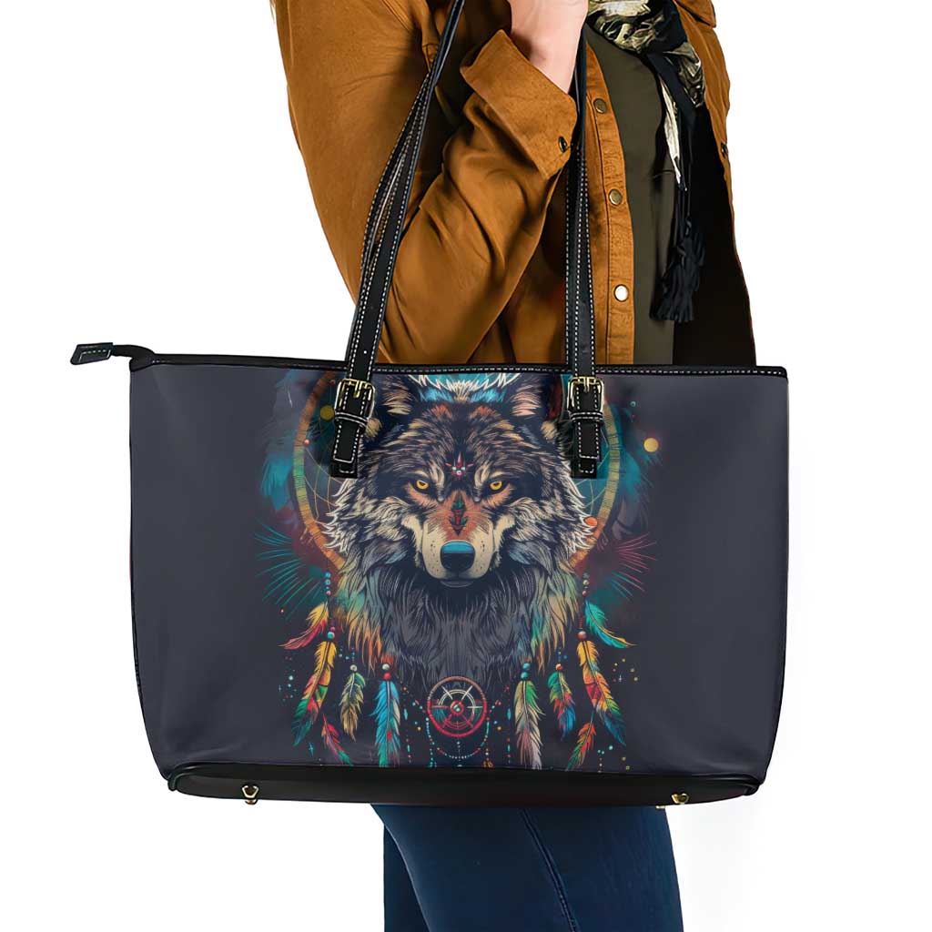 Native American Wolves Leather Tote Bag with Dream Catchers Feathers