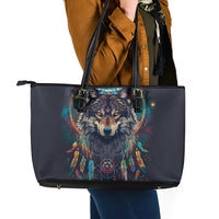 Native American Wolves Leather Tote Bag with Dream Catchers Feathers