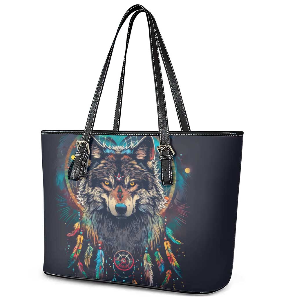 Native American Wolves Leather Tote Bag with Dream Catchers Feathers
