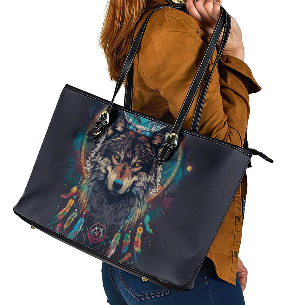 Native American Wolves Leather Tote Bag with Dream Catchers Feathers