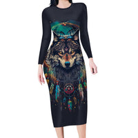 Native American Wolves Long Sleeve Bodycon Dress with Dream Catchers Feathers
