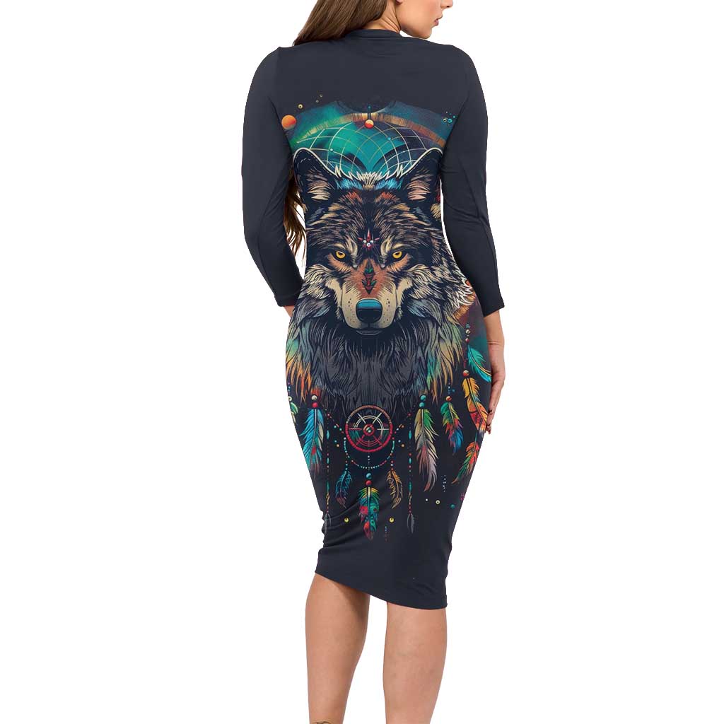 Native American Wolves Long Sleeve Bodycon Dress with Dream Catchers Feathers