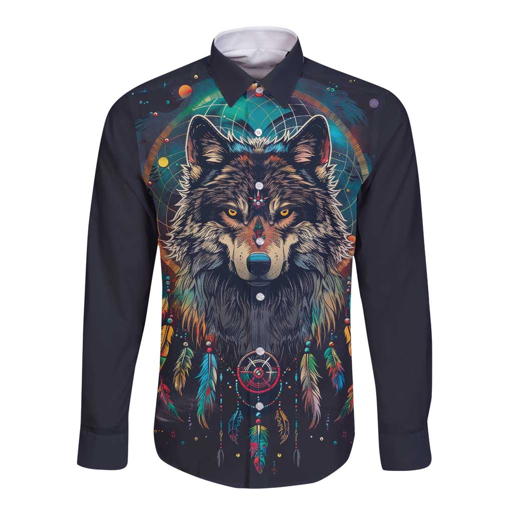Native American Wolves Long Sleeve Button Shirt with Dream Catchers Feathers