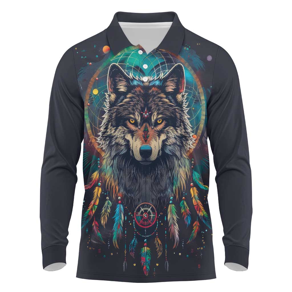 Native American Wolves Long Sleeve Polo Shirt with Dream Catchers Feathers
