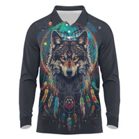 Native American Wolves Long Sleeve Polo Shirt with Dream Catchers Feathers