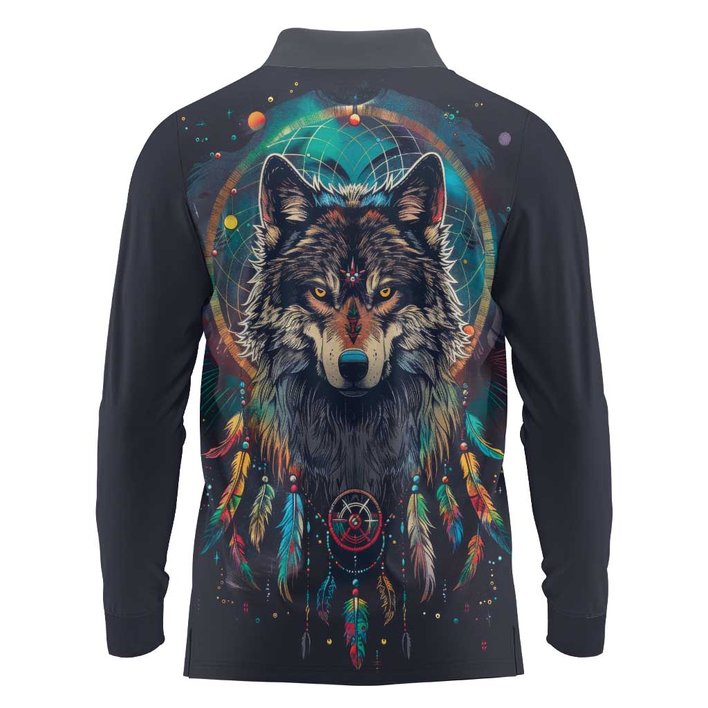 Native American Wolves Long Sleeve Polo Shirt with Dream Catchers Feathers
