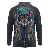 Native American Wolves Long Sleeve Polo Shirt with Dream Catchers Feathers