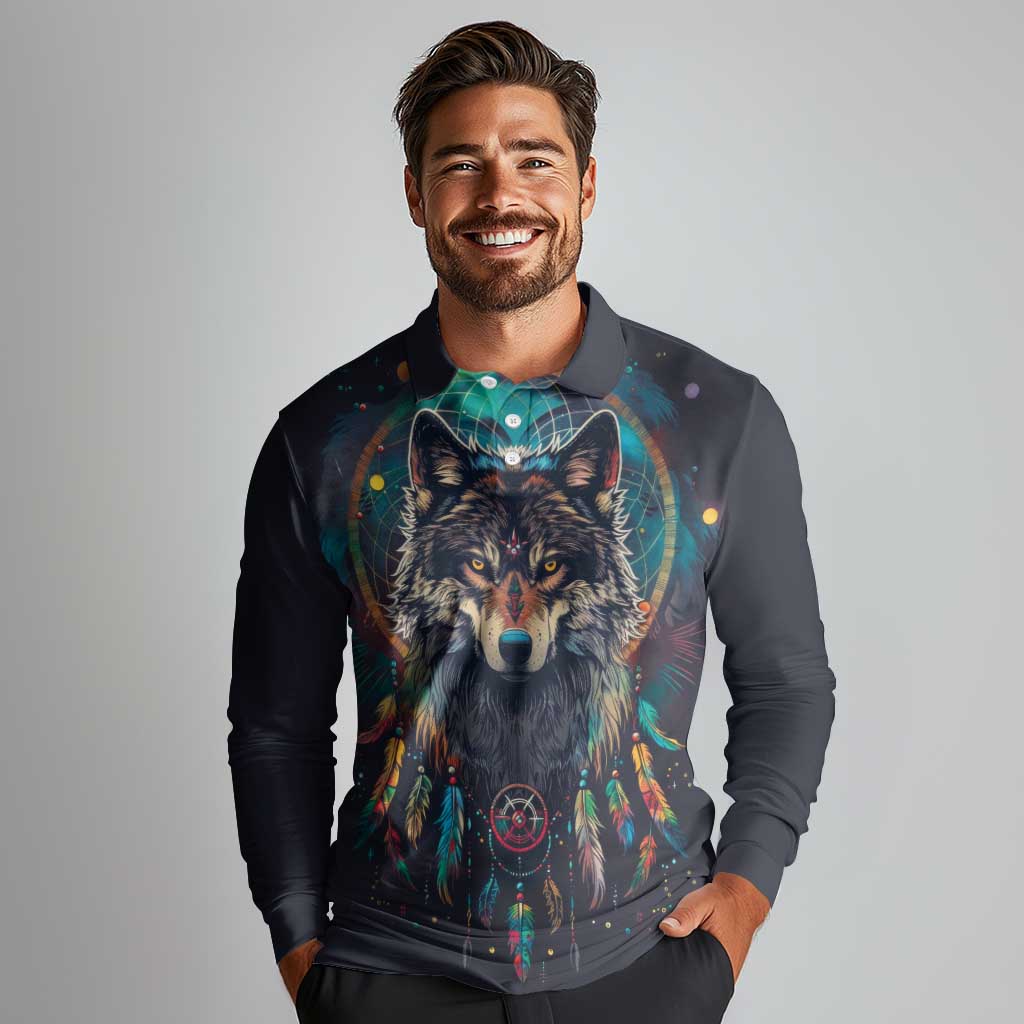 Native American Wolves Long Sleeve Polo Shirt with Dream Catchers Feathers