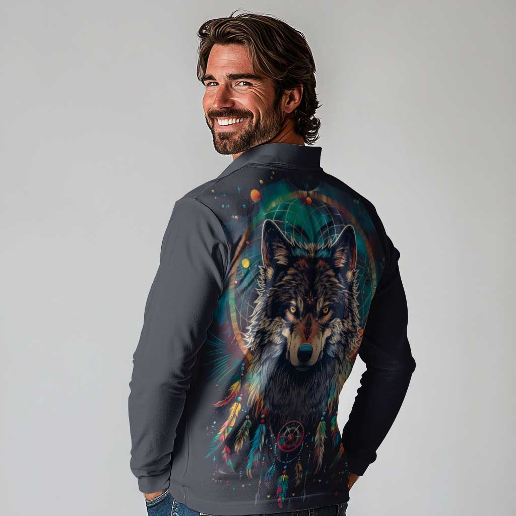 Native American Wolves Long Sleeve Polo Shirt with Dream Catchers Feathers