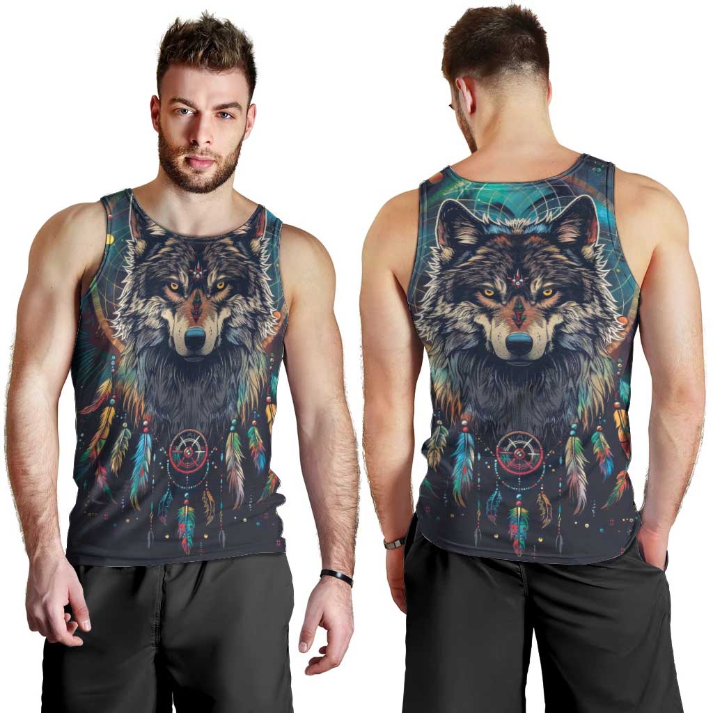 Native American Wolves Men Tank Top with Dream Catchers Feathers