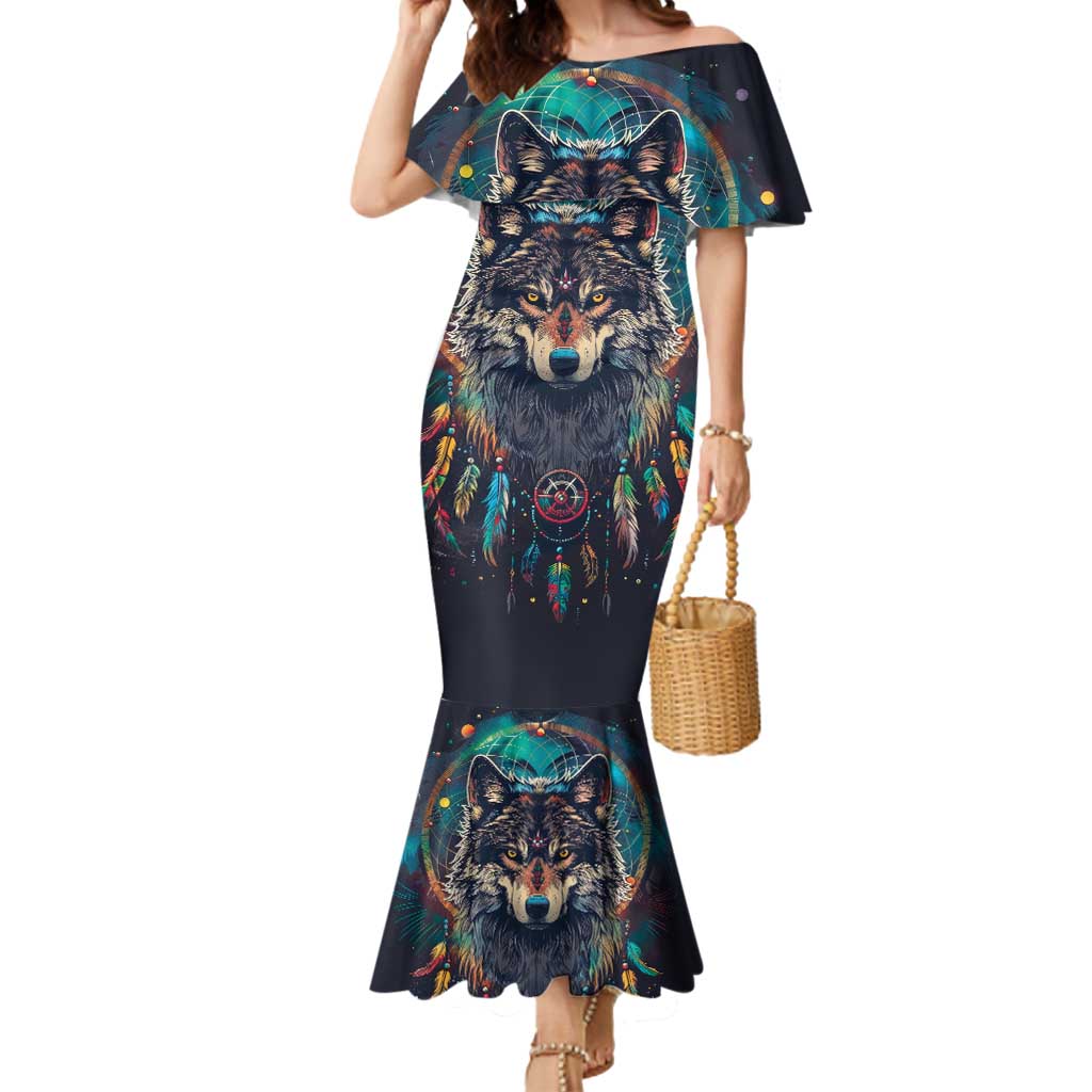 Native American Wolves Mermaid Dress with Dream Catchers Feathers