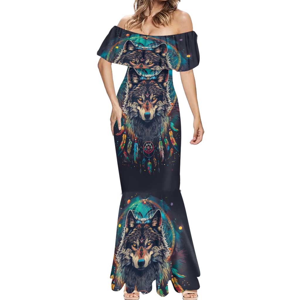 Native American Wolves Mermaid Dress with Dream Catchers Feathers