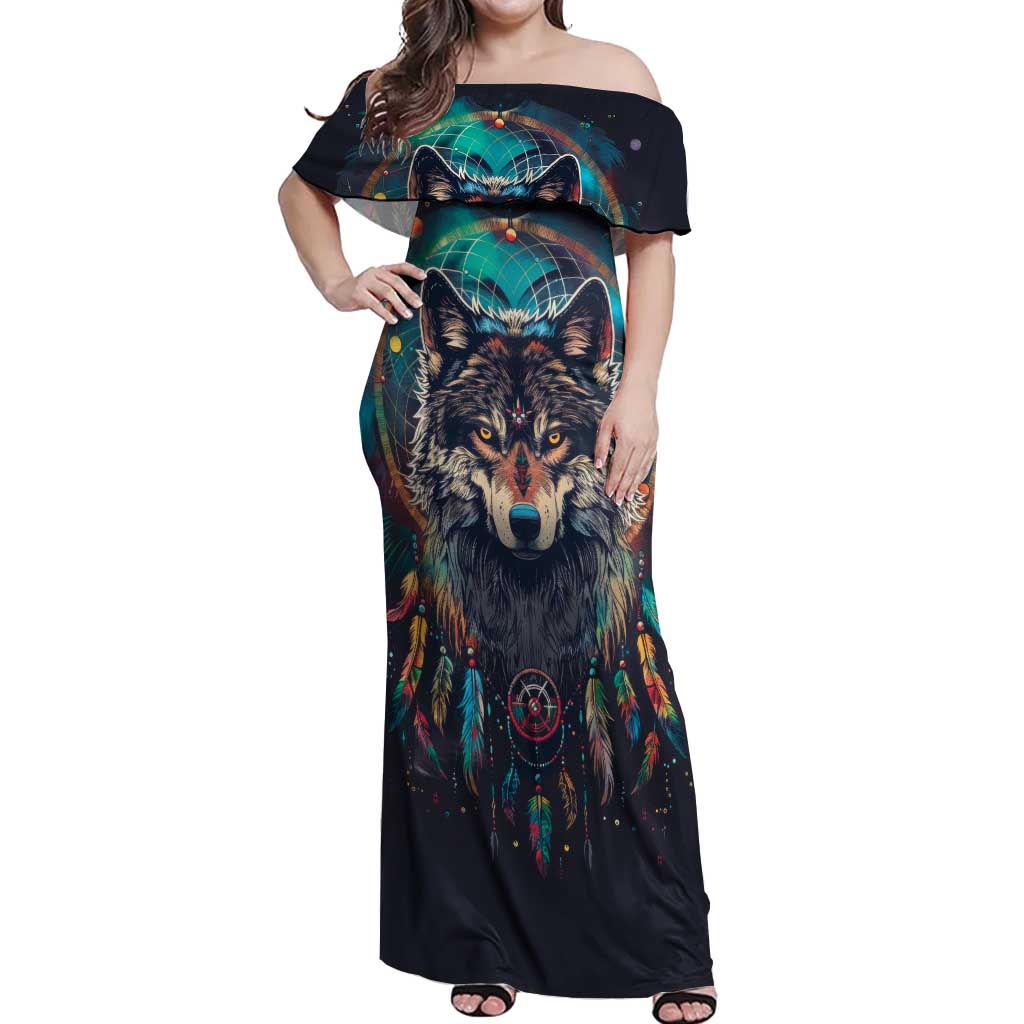 Native American Wolves Off Shoulder Maxi Dress with Dream Catchers Feathers