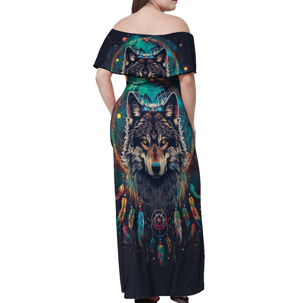 Native American Wolves Off Shoulder Maxi Dress with Dream Catchers Feathers