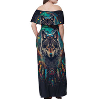 Native American Wolves Off Shoulder Maxi Dress with Dream Catchers Feathers