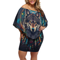 Native American Wolves Off Shoulder Short Dress with Dream Catchers Feathers