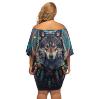 Native American Wolves Off Shoulder Short Dress with Dream Catchers Feathers
