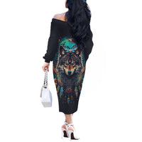 Native American Wolves Off The Shoulder Long Sleeve Dress with Dream Catchers Feathers