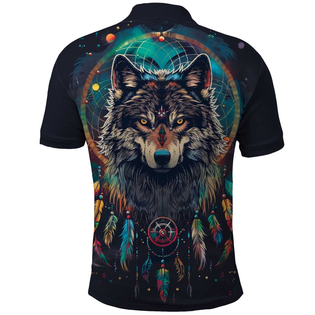 Native American Wolves Polo Shirt with Dream Catchers Feathers