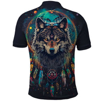 Native American Wolves Polo Shirt with Dream Catchers Feathers