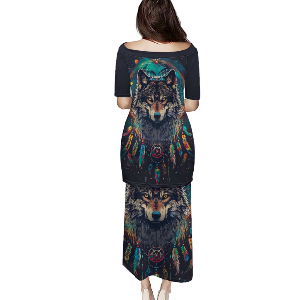 Native American Wolves Puletasi with Dream Catchers Feathers