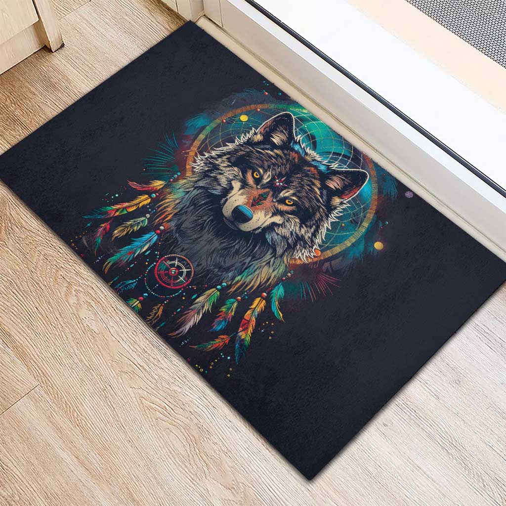 Native American Wolves Rubber Doormat with Dream Catchers Feathers