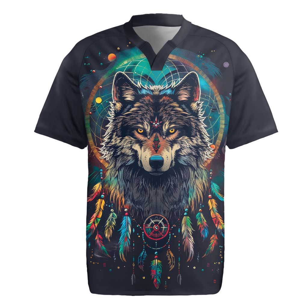 Native American Wolves Rugby Jersey with Dream Catchers Feathers