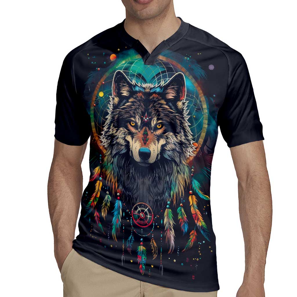 Native American Wolves Rugby Jersey with Dream Catchers Feathers