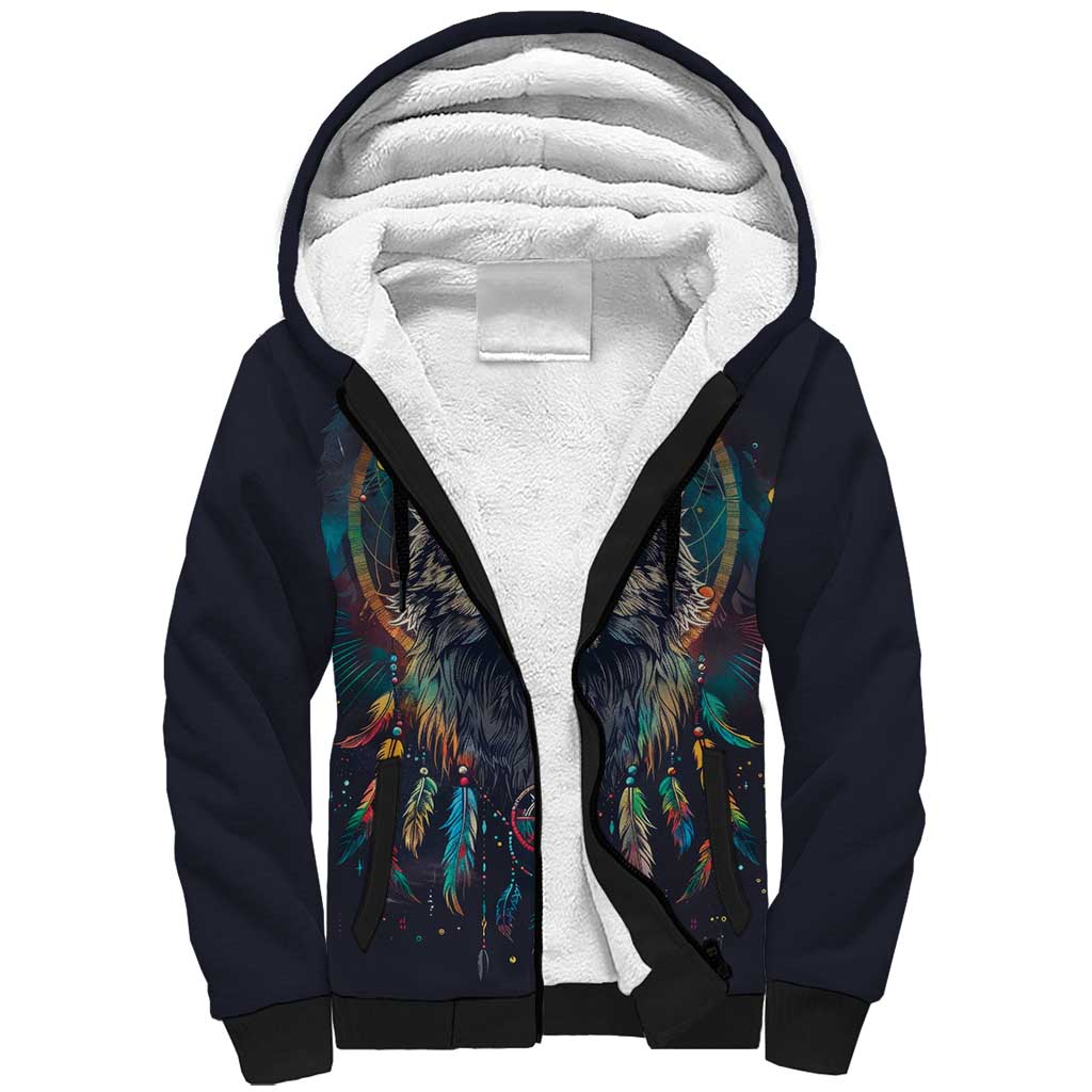 Native American Wolves Sherpa Hoodie with Dream Catchers Feathers
