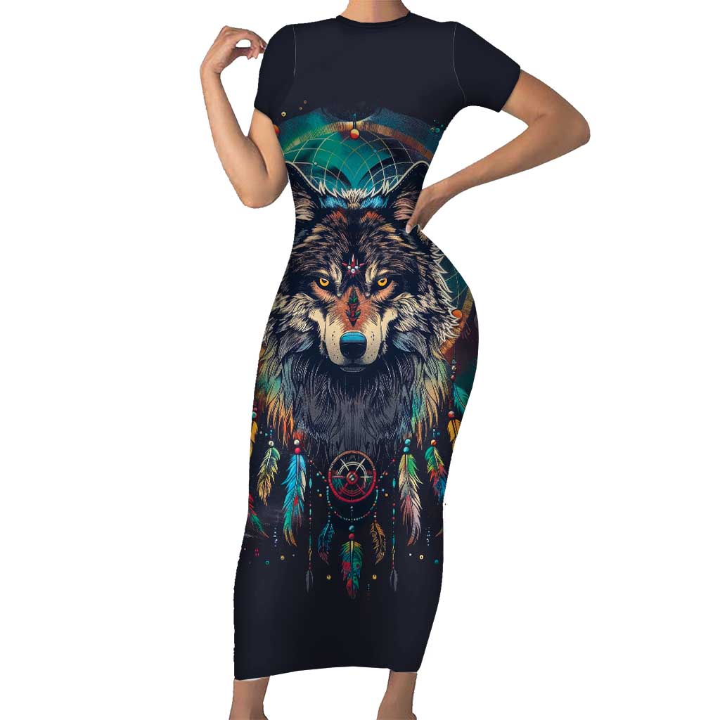 Native American Wolves Short Sleeve Bodycon Dress with Dream Catchers Feathers