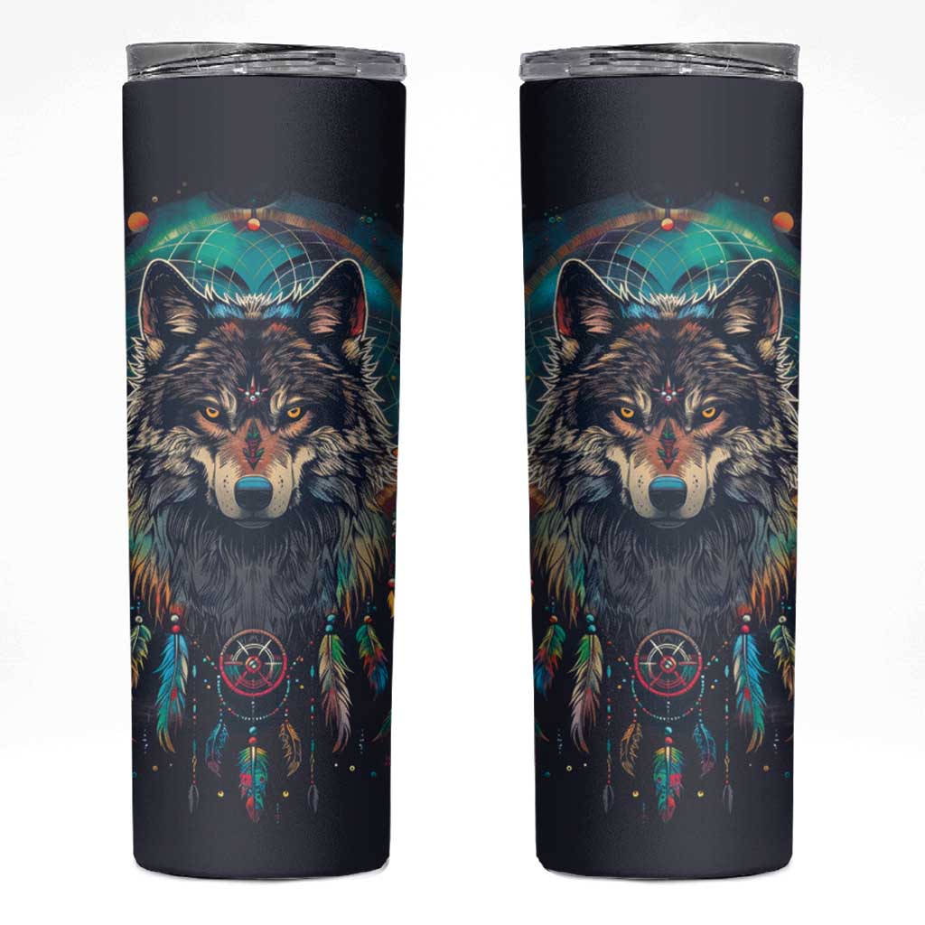Native American Wolves Skinny Tumbler with Dream Catchers Feathers