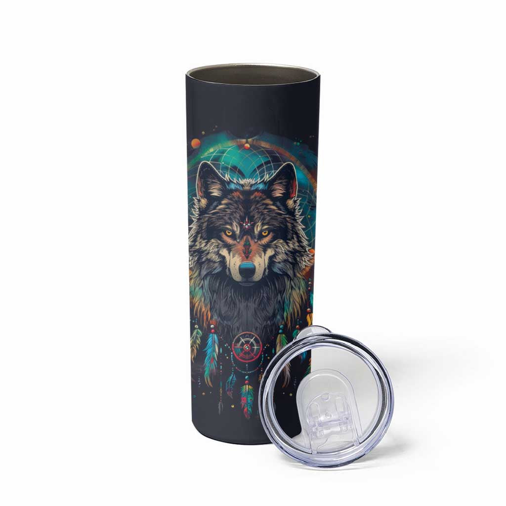 Native American Wolves Skinny Tumbler with Dream Catchers Feathers