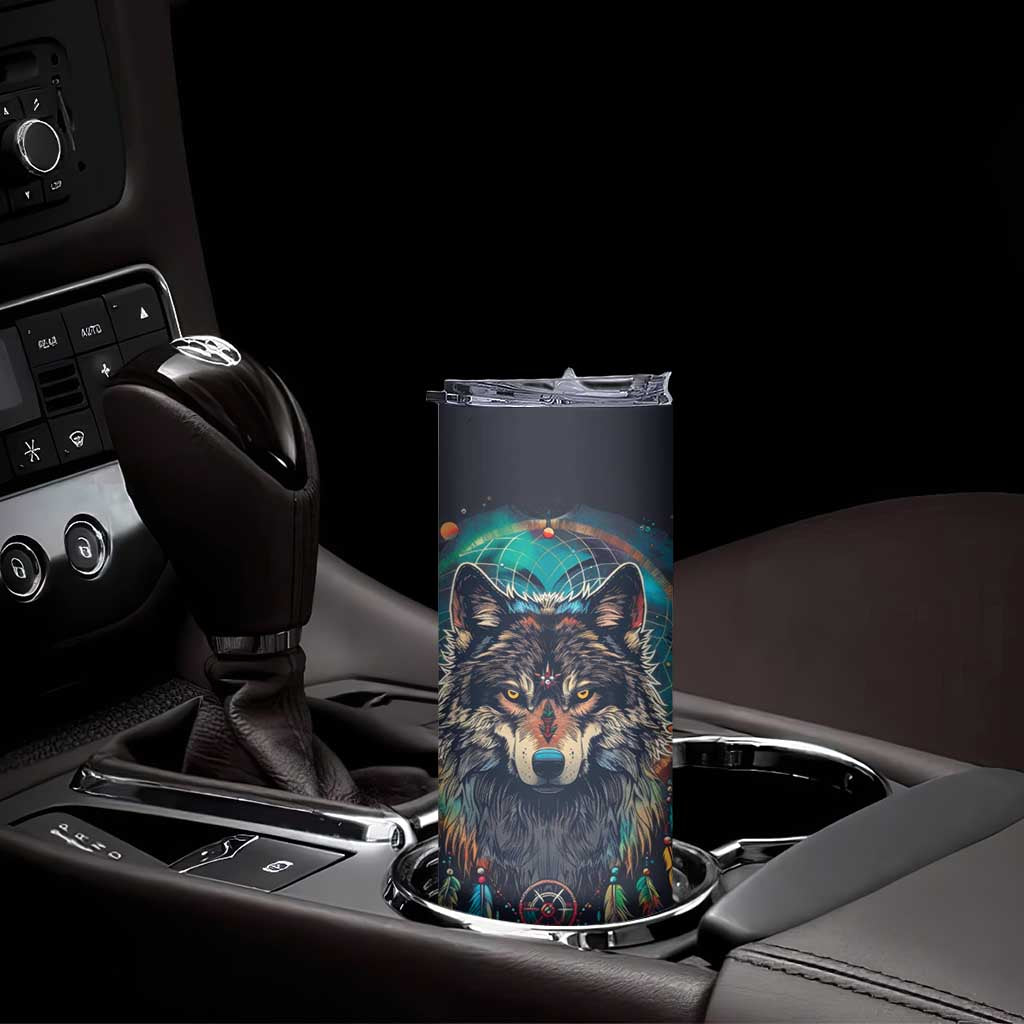 Native American Wolves Skinny Tumbler with Dream Catchers Feathers