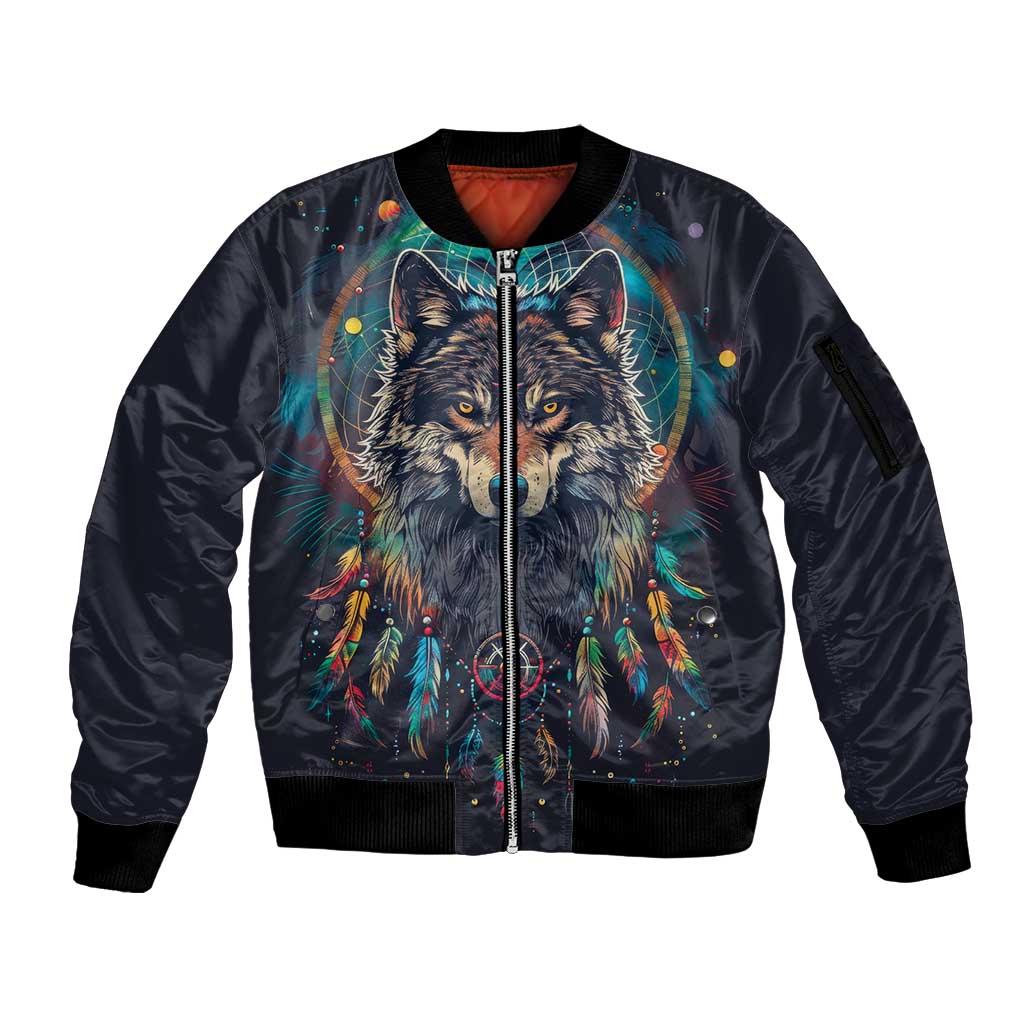 Native American Wolves Sleeve Zip Bomber Jacket with Dream Catchers Feathers