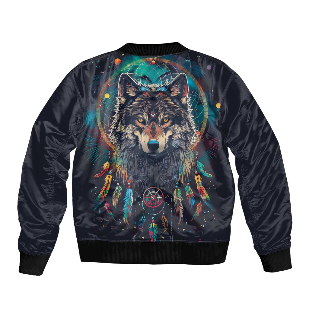 Native American Wolves Sleeve Zip Bomber Jacket with Dream Catchers Feathers