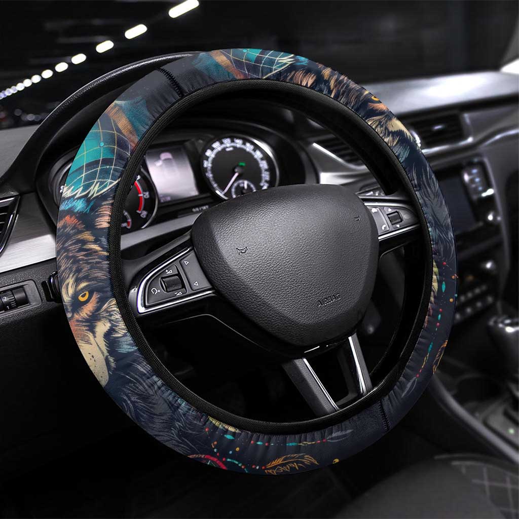 Native American Wolves Steering Wheel Cover with Dream Catchers Feathers