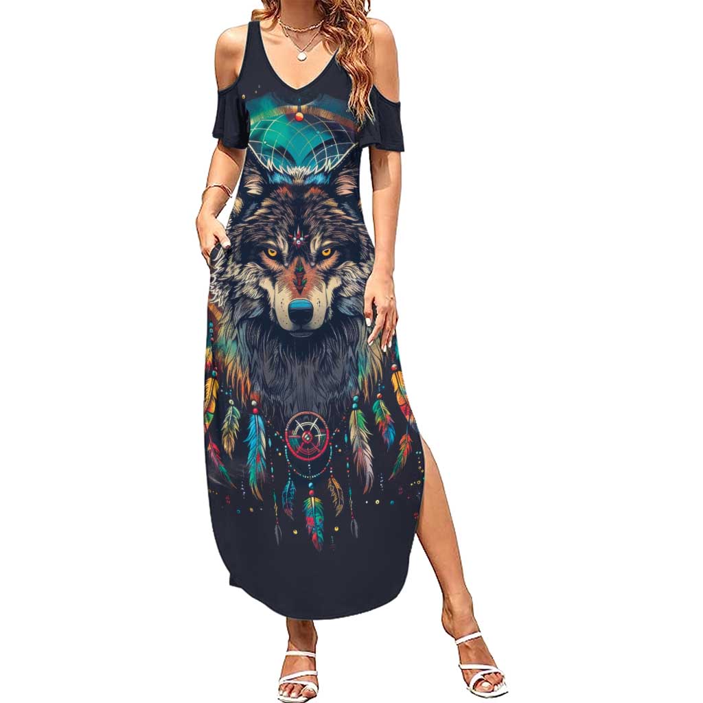 Native American Wolves Summer Maxi Dress with Dream Catchers Feathers