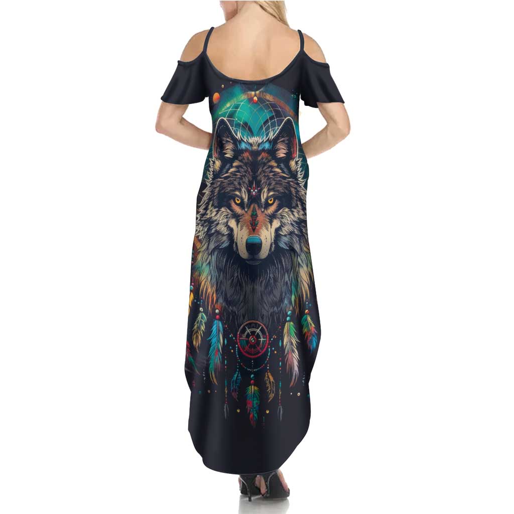 Native American Wolves Summer Maxi Dress with Dream Catchers Feathers