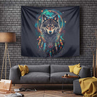 Native American Wolves Tapestry with Dream Catchers Feathers