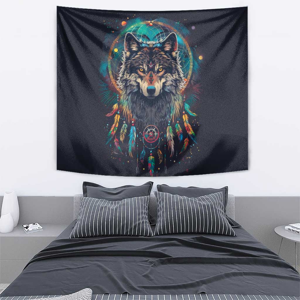 Native American Wolves Tapestry with Dream Catchers Feathers