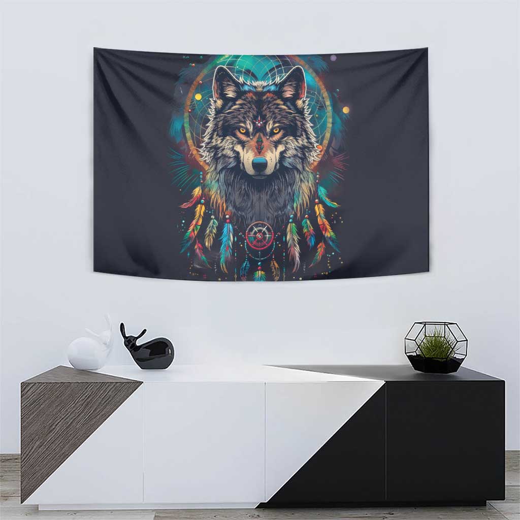 Native American Wolves Tapestry with Dream Catchers Feathers