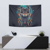Native American Wolves Tapestry with Dream Catchers Feathers
