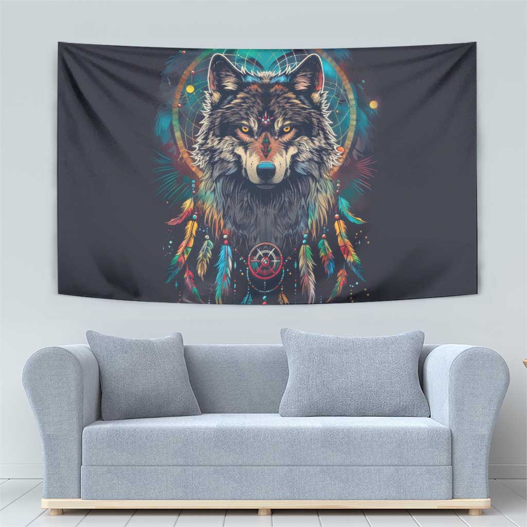 Native American Wolves Tapestry with Dream Catchers Feathers