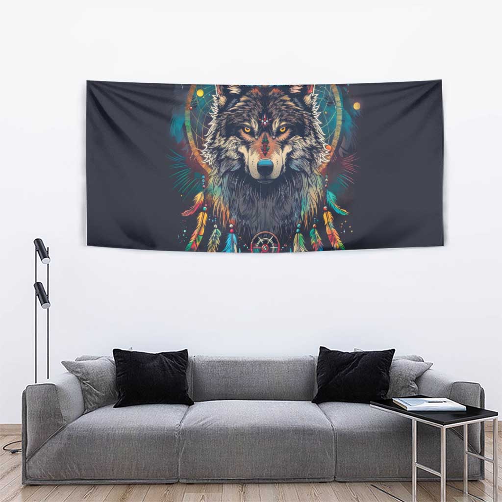 Native American Wolves Tapestry with Dream Catchers Feathers