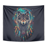 Native American Wolves Tapestry with Dream Catchers Feathers