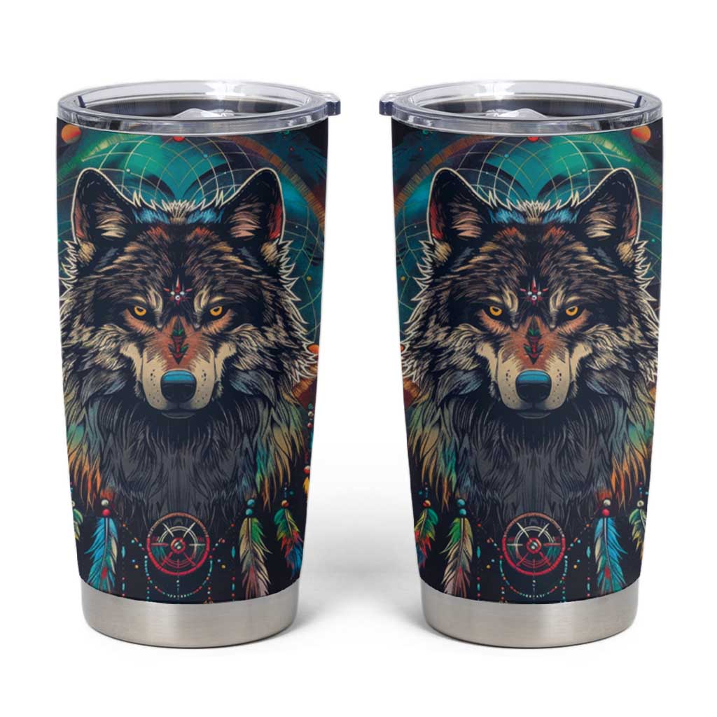 Native American Wolves Tumbler Cup with Dream Catchers Feathers