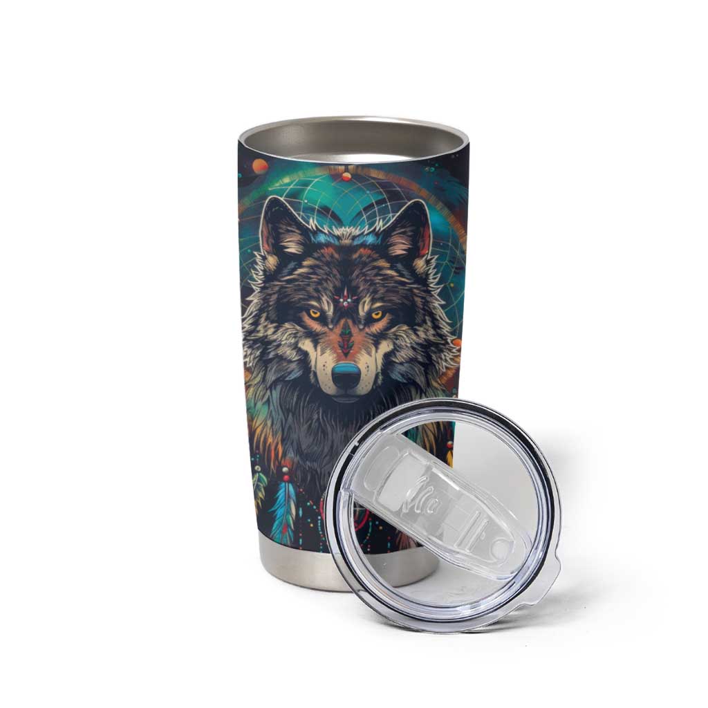 Native American Wolves Tumbler Cup with Dream Catchers Feathers