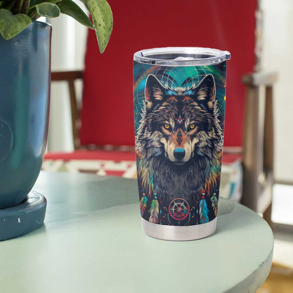 Native American Wolves Tumbler Cup with Dream Catchers Feathers