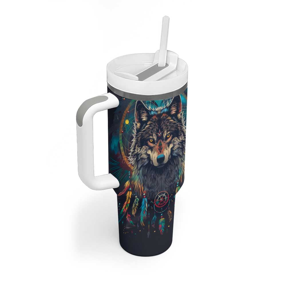 Native American Wolves Tumbler With Handle with Dream Catchers Feathers